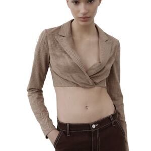ZARA Cropped Blazer Top Brown Plaid Wrap Front Long Sleeve XS